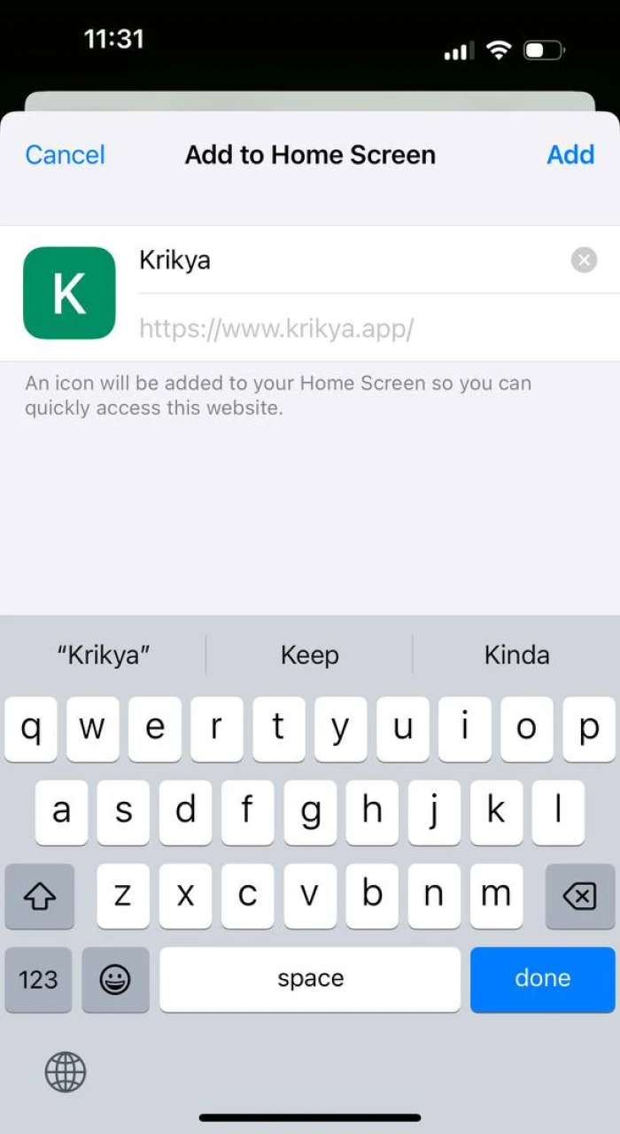 After clicking 'Share' in Safari, choose 'Add to Home Screen' to save Krikya to your iOS device.