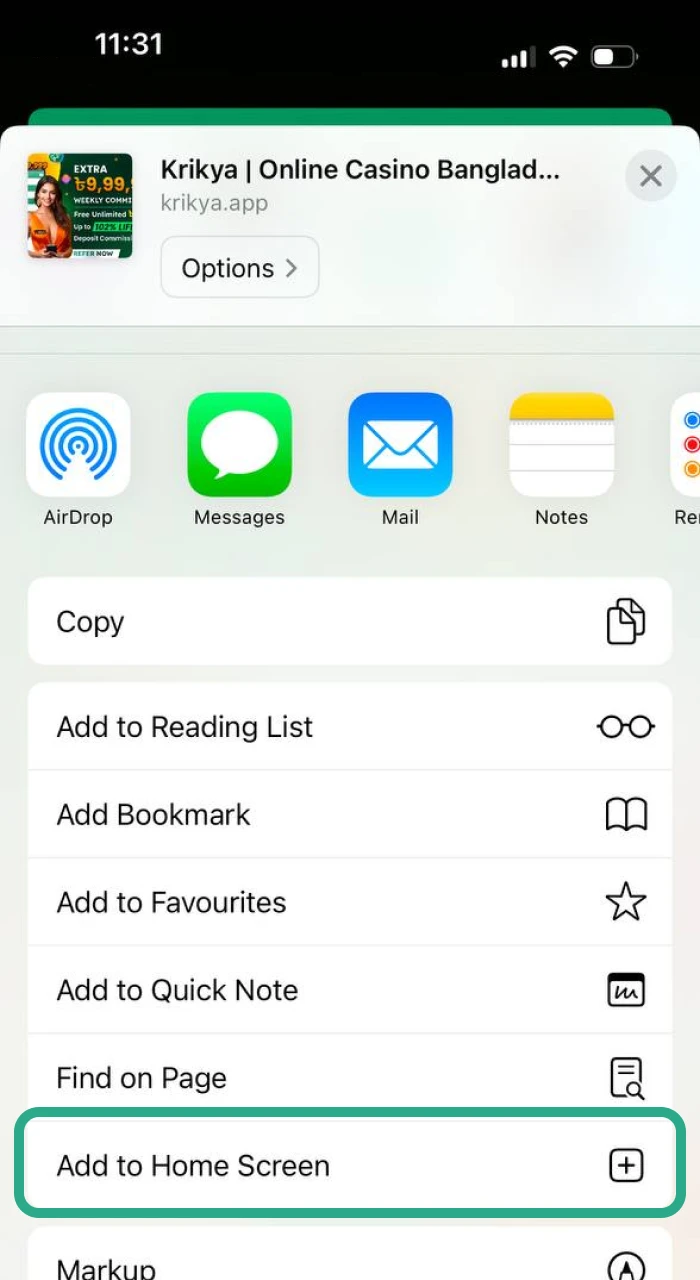 To put the Krikya iOS app on your home screen, tap the 'Share' button within Safari.