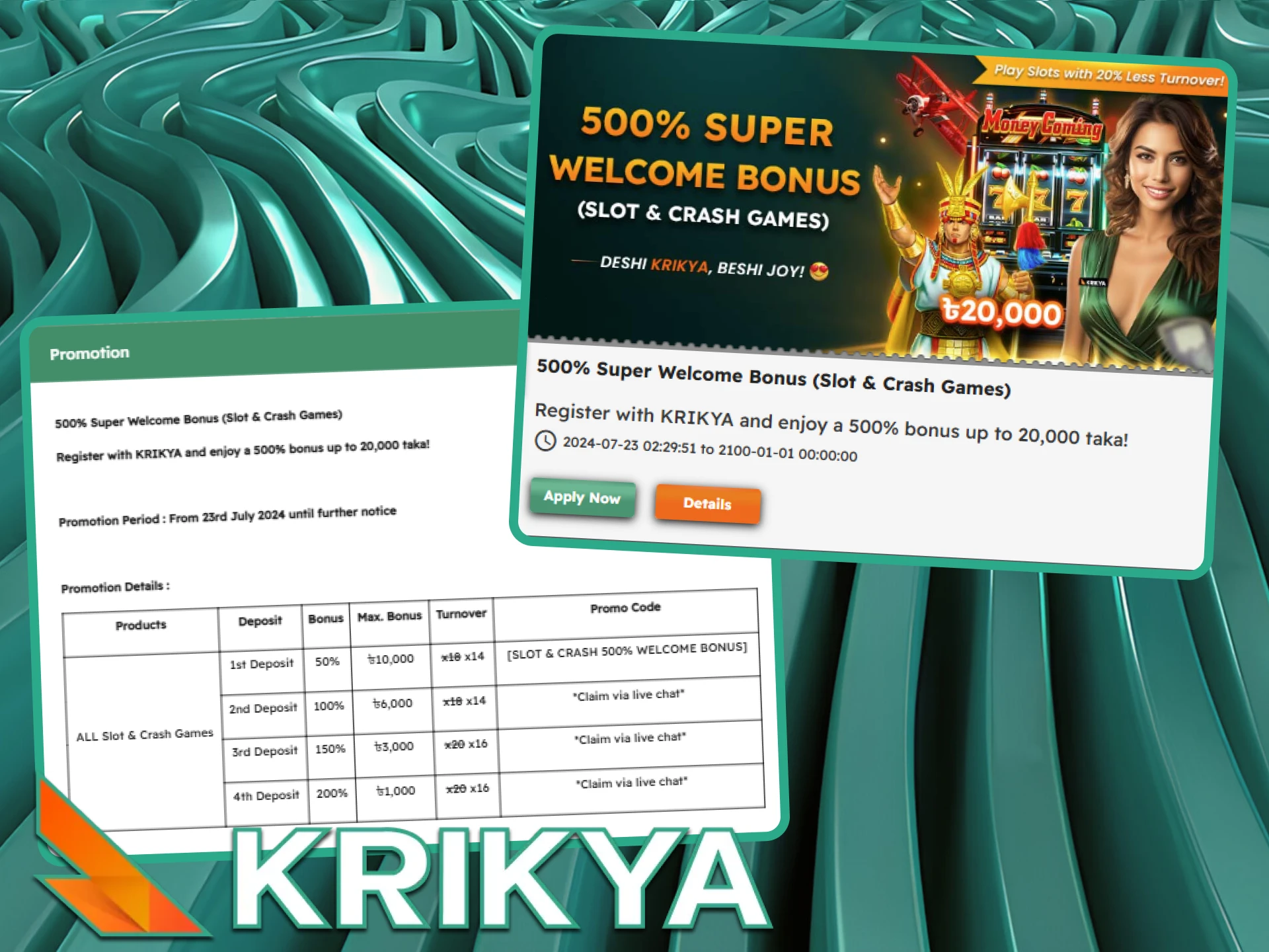 New Bangladeshi players can take advantage of Krikya's impressive welcome deals, ranging from 15,000 taka for sports fans to 20,000 taka for casino enthusiasts.