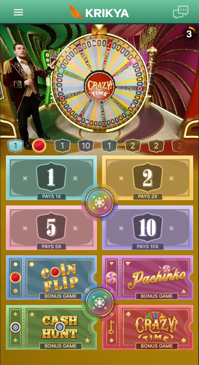 Use the Krikya betting panel to place your wagers on numbers or try your luck with the bonus segments.