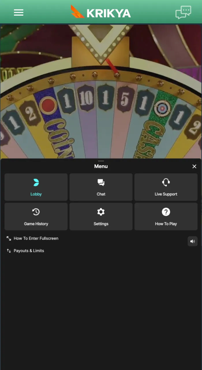 Explore the game menu at Krikya to check your betting history, view live statistics, and see available promos.