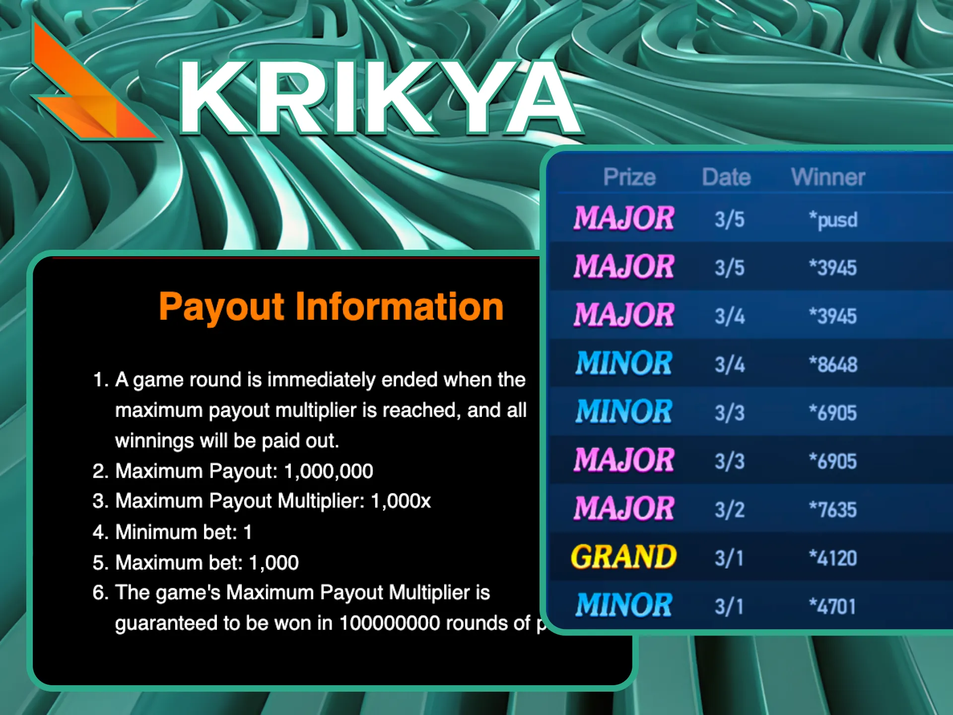 Visit the Krikya payout table to see the maximum possible wins and how a lucky set of numbers can pay off.